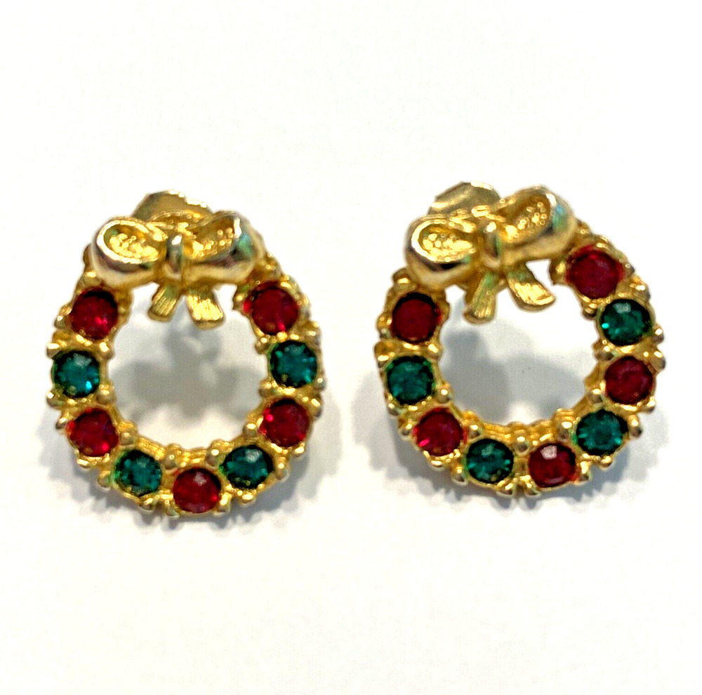 Christmas Holiday Pierced Earrings Red & Green Rhinestones Small Gold Wreaths